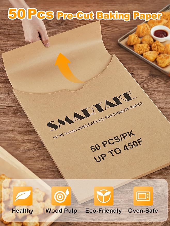SMARTAKE 50 Pcs Parchment Paper Baking Sheets, 12x16 Inches Non-Stick Precut Baking Parchment, for Baking Grilling Air Fryer Steaming Bread Cup Cake Cookie and More (Unbleached)