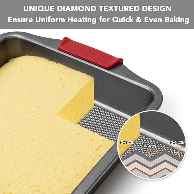 Tiawudi 9" Square Cake Pan Set of 2, 0.8mm Thick Heavy Duty Bakeware with Diamond Texture for Even Heating, Nonstick Baking Pan for Bread, Brownies & Lemon Bars, Cake Mold with Silicone Grip Handles