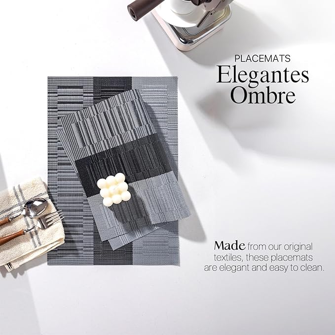 LEXMORE PVC Woven Placemats 8 PCS Wipeable Indoor/Outdoor Table Mats Washable Vinyl Place Mats for Dining Table, Set of 8-Silver Gray Black