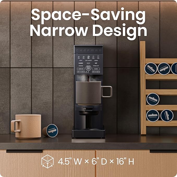 Chefman Caffeinator Single Serve Coffee Maker, Brew Kcups & Grounds, Drip Coffee Machine with Brew Strength Settings, Iced Coffee Function, 48 oz. Removable Water Reservoir