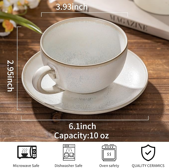 Porcelain Coffee Cup with Saucer, 10 oz Vintage Design Ceramic Latte Art Cappuccino Barista Espresso Tea Cup with Saucer(White Shell)