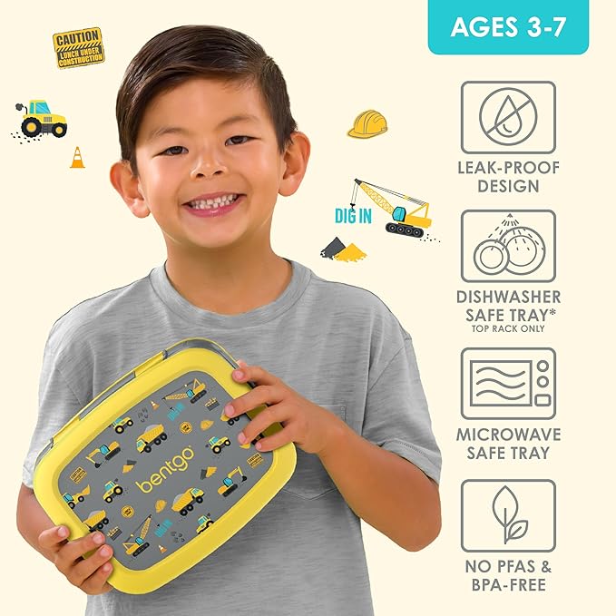 Bentgo Kids Prints Leak-Proof, 5-Compartment Bento-Style Kids Lunch Box - Ideal Portion Sizes for Ages 3-7, Durable, Drop-Proof, Dishwasher Safe, & PFAS & BPA-Free Materials (Construction Trucks)