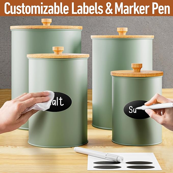 Kitchen Canisters for Countertop Set of 4 with Customizable Chalkboard Labels & Marker Pen - Big Iron Kitchen Canisters with Airtight Lids - Sage Green Canister Set - Flour and Sugar Containers