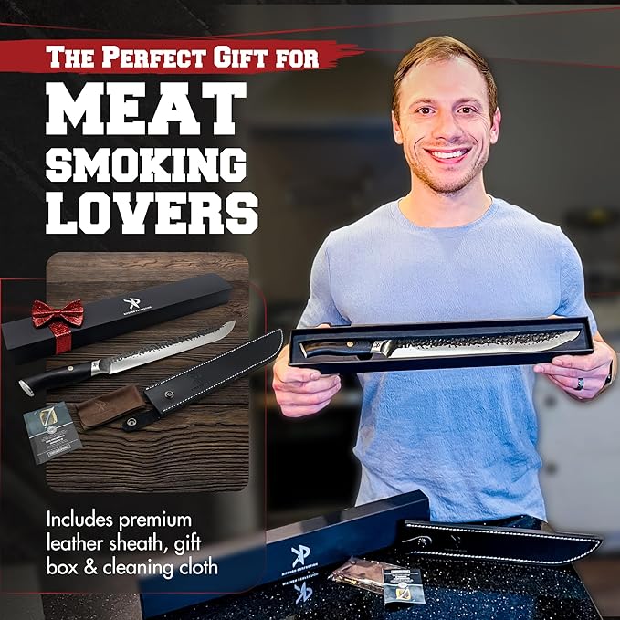 Kitchen perfection 12" Handmade Brisket Knife, Meat Cutting Carving & Slicing BBQ Knife For Men – Insanely Sharp San Mai Steel, W/Leather Sheath Premium Ergonomic Handle, Best Grilling Gifts for Men