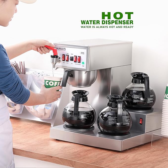 12 Cup Commercial Coffee Maker, Auto Filling Drip Coffee Maker Machine with 3 Glass Carafes 3 Warmers, Stainless Steel Pour Over Coffee Brewer with Hot Water Supply for Restaurant Office Cafe