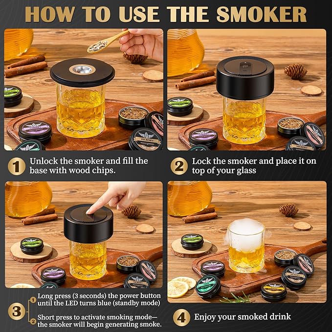 Electric Whiskey Smoker Kit with Wooden Display Barrel, Rechargeable Cocktail Smoker Kit with 6 Premium Wood Chips for Old Fashioned & Whiskey – Bar Gift for Men, Dad, Husband (No Butane Needed)