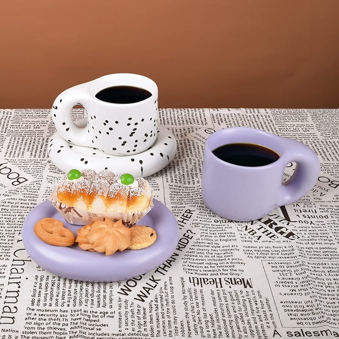 Koythin Ceramic Coffee Chubby Mug Saucer Set, Creative Cute Fat Handle Cup with Saucer for Office and Home, Dishwasher and Microwave Safe, 10 oz for Latte Tea Milk (Light Purple)