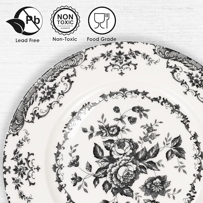 Salad Plates, 8.5 Inch Ceramic Plates Set of 6, Kitchen Plate Microwave Safe, White Porcelain Dessert Plate Porcelain Serving Dishes, Black