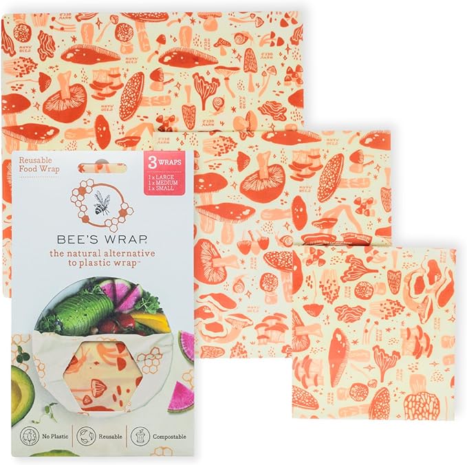 Bee's Wrap Beeswax Wraps for Food - Mushroom Magic 3 Pack (S, M, L) Made in USA Reusable & Organic Food Wraps, Sandwich Wrap & Bowl Covers - Eco-Friendly Alternative to Aluminum Foil & Plastic Wrap