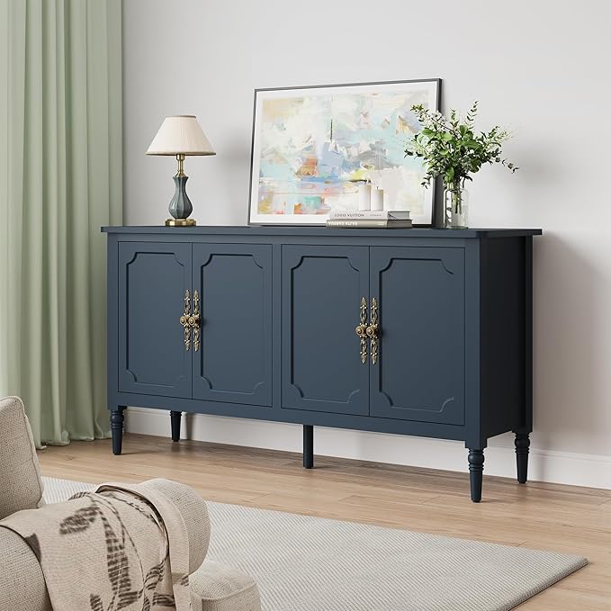 Console Cabinet, 58'' Mid Century Modern Pantry Cabinet, Wood Buffet Cabinet, Media Cabinet with 4 Doors, Accent Cabinet for Entryway, Living Room, Dining Room (Blue)