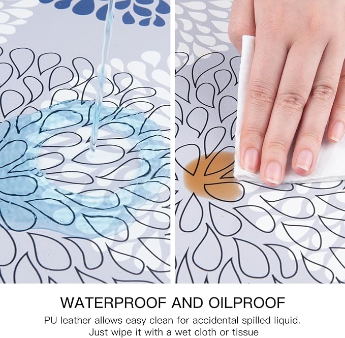 QIYI Placemats Set of 6, 12x18 Inch PU Leather Place Mats for Kitchen Dinning, Heat Resistant Anti Slip Flower Table Mats, Waterproof Wipeable Washable Placemat Party Table Décor, Blue Floral Burst