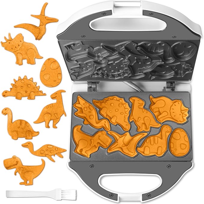 Dinosaur Mini Waffle Maker for Kids, Mini Pancake Maker Machine for Halloween, 8 Different Shaped Dinos in Minutes, Electric Non-Stick Waffle Iron, White