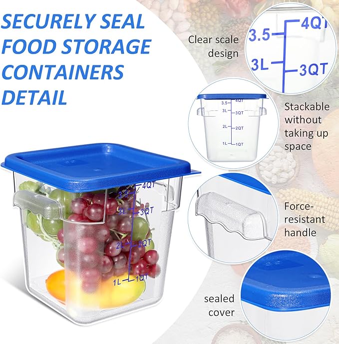 Yungyan 12 Pcs 4 Qt Commercial Food Storage Containers with Lids Restaurant Square Airtight Food Storage Containers Clear Cereal Containers for Kitchen Freezer Dishwasher Pantry(Blue Lid)