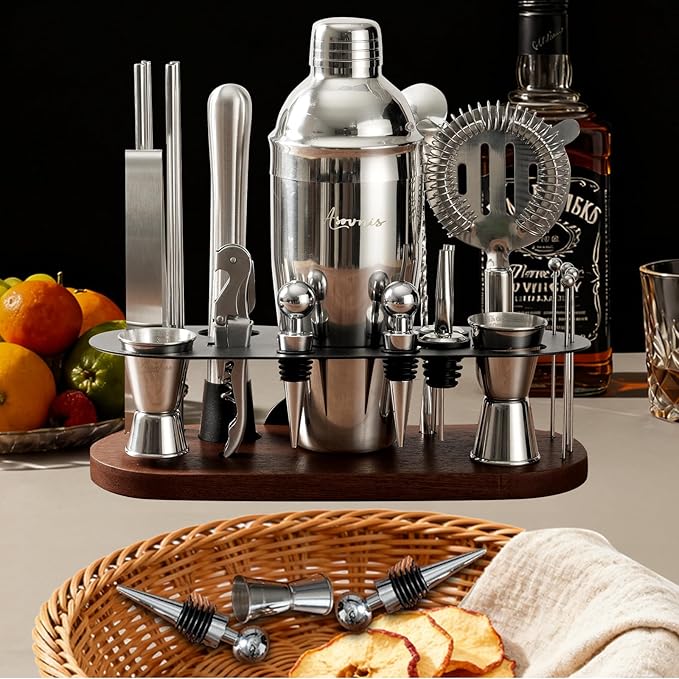 Cocktail Shaker Set Bartender Kit with Stand | 23-Piece Bar Set Drink Mixer Set with All Essential Bar Tools: Martini Shaker, Jigger, Strainer, Spoon, Muddler, Pourers, for Home, Bar, Party