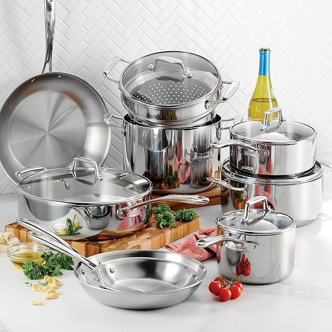 Tramontina Tri-Ply Clad Stainless Steel 14-Piece Cookware Set with Glass Lids, Pots and Pans Kitchen Set, Induction-Ready, Dishwasher-Safe, NSF-Certified