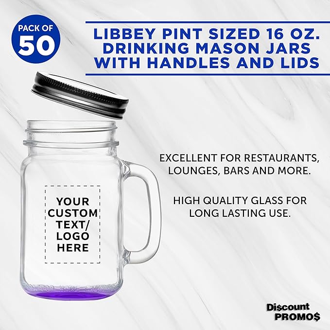 DISCOUNT PROMOS Custom Libbey Handle Mason Jars w/Lids 16 oz. Set of 50, Personalized Bulk Pack - Traditional style, High standard - Purple