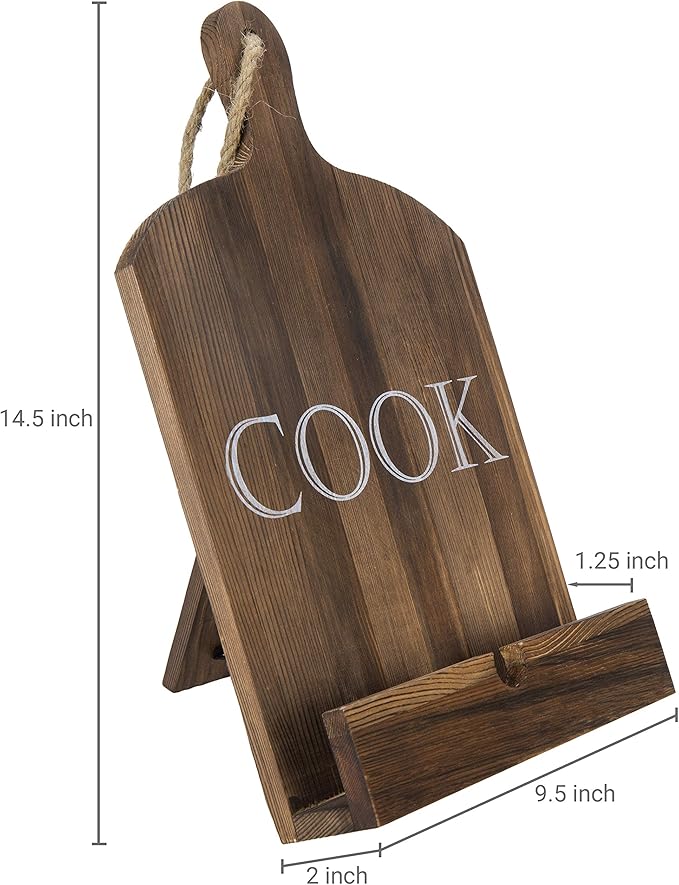 MyGift Cutting Board Brown Wood Cookbook Holder, Paddle Shaped iPad Tablet Easel Holder, Book Recipe Binder Stand with Kickstand and Cook Text Design