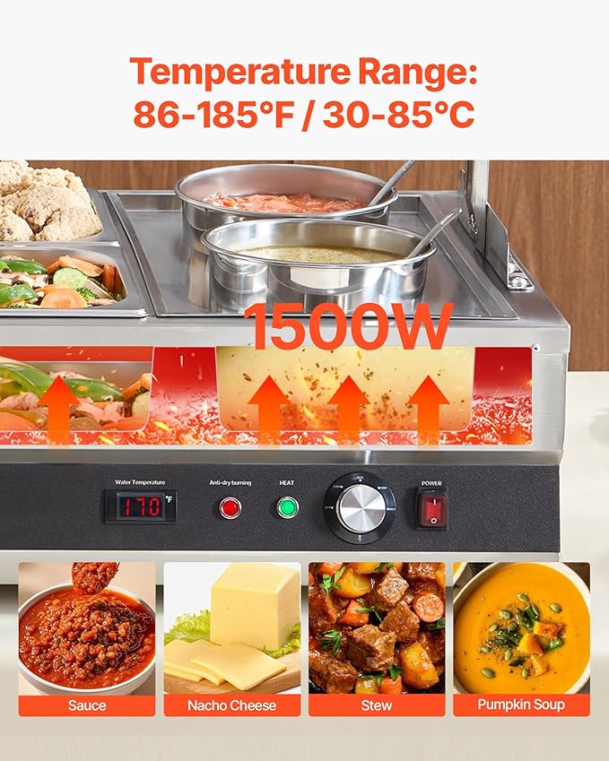 VEVOR Electric Soup Warmer, Two 6.34QT Pots & Four 1/2 Pans, Stainless Steel Commercial Food Warmer with 86~185°F Adjustable Temp, 1500W Bain Marie with Cover, Soup Station for Restaurant, Buffet