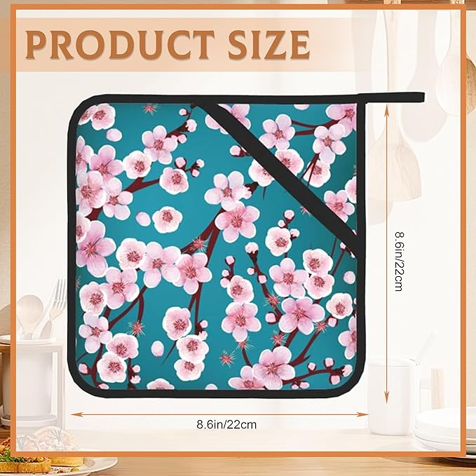 Spring Flowers Pot Holders Set of 2 Heat Resistant Potholders,Cherry Blossom Fire Oven Hot Pads for Kitchen Cooking Baking Barbecue
