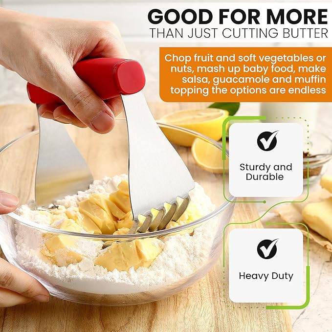 Spring Chef Red XL Size Dough Blender Tool For Baking, Heavy Duty Pastry Blender Tool for Easy Mixing, Stainless Steel Pastry Cutter with Sharp Blades, Dishwasher Safe Dough Mixer
