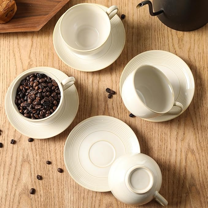 12Oz Coffee Cups with Saucers Set of 4 - Ceramic Espresso Cappuccino Cups Set, Tea Mugs and Saucer, Microwave Dishwasher Safe Drinkware for Home, Cafe