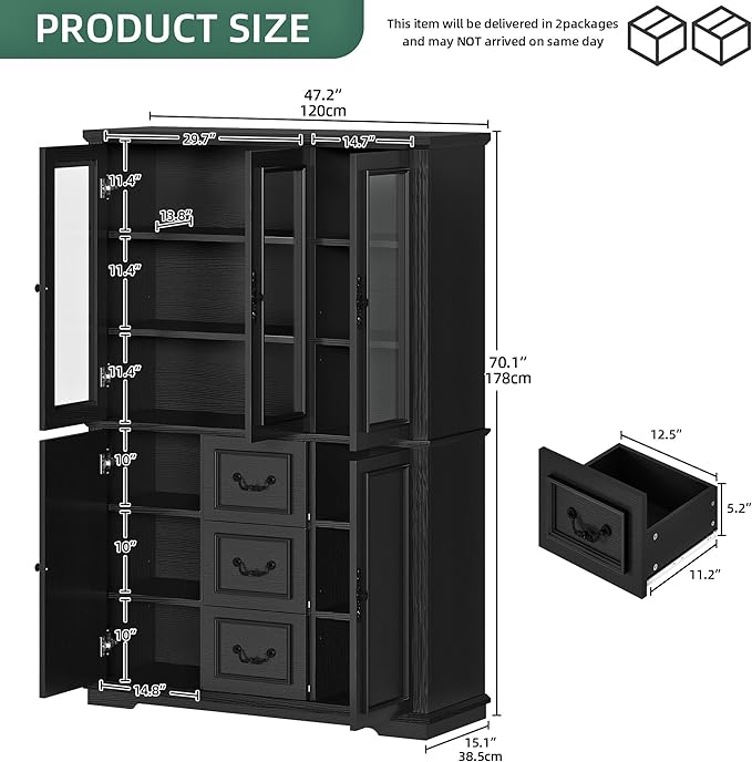 YITAHOME 71" H x 47" W Kitchen Pantry with 3 Drawers, Large Storage Cabinet with 3 Glass Doors & Adjustable Shelves, Freestanding Tall Display China Cabinet for Living & Dining Room, Black