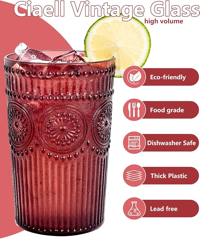 Ciaell 12 Pack Romantic Plastic Water Glasses - 14 Oz Burgundy Vintage Drinking Glasses, Embossed Ribbed Plastic Cups, Textured Striped Set for Juice, Beverages, Beer, Cocktail & Christmas