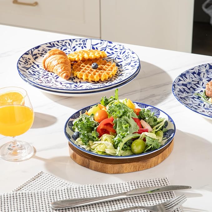 Sweejar Ceramic Dinner Plates Set, 8 Inch Porcelain Dessert Plates, Microwave & Dishwasher Safe Cake Plate for Salad, Pasta, Meat Steak, Set of 6(Vintage Blue)