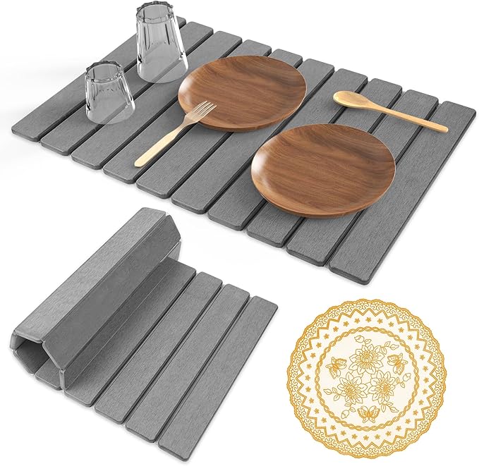 Stone Dish Drying Mat,24"(L)×16"(W) - Fast-Drying, Collapsible Kitchen Counter Mat for Dishes, Cups & Bottles with Sanding Tool + Placemat, Dark gray