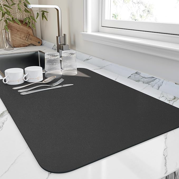 Dish Drying Mat for Kitchen Counter, Heat Resistant Drainer Mats with Non-slip Rubber Backed, Hide Stain Kitchen Super Absorbent Draining Mat, Easy to Clean Dish Rack Pad, Black 16"x18"