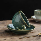 Porcelain Coffee Cup with Saucer Spoon, Vintage Design Ceramic Latte Art Cappuccino Barista Espresso Tea Cup with Saucer (11.6 oz, 350ml, Crystal Green)