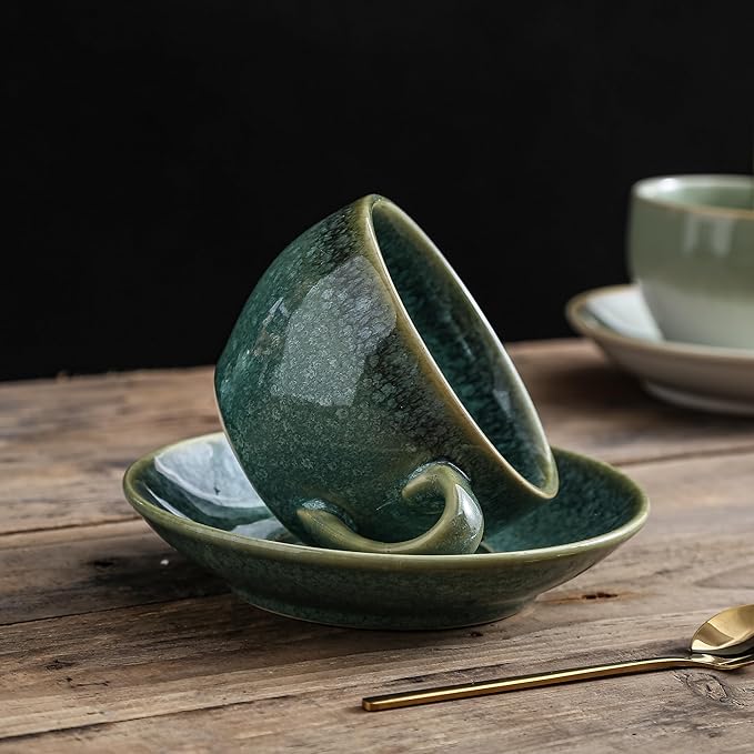 Porcelain Coffee Cup with Saucer Spoon, Vintage Design Ceramic Latte Art Cappuccino Barista Espresso Tea Cup with Saucer (11.6 oz, 350ml, Crystal Green)