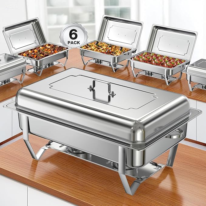 Chafing Dishes for Buffet 9QT 6 Pack,Easy Assembly, Food-Grade Stainless Steel Chafers for Catering w/Rolled Rim, Foldable Frame, for Party, Banquet (Full Size Food Pan)