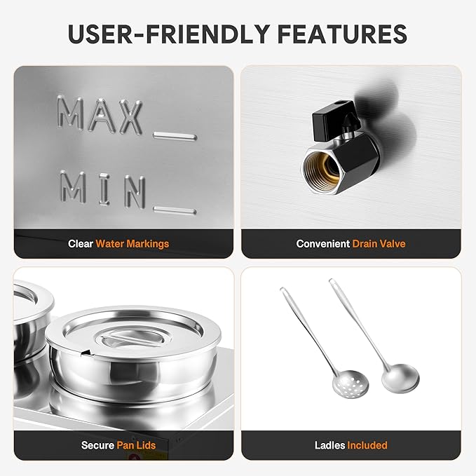 WILPREP Commercial Food Warmer with Two 7.4 QT Inserts, 1500W Countertop Electric Steam Table, 86-185°F Adjustable Temp Control & Over-Temp Protection, Stainless Steel