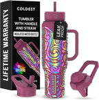 Coldest Tumbler with Handle and Straw - 100% Leak Proof Insulated Tumbler with Lid and Straw (3 Lids) - Stainless Steel Tumblers for Women & Men - Cup Holder Friendly Base, 46 oz (Rose Spiral)