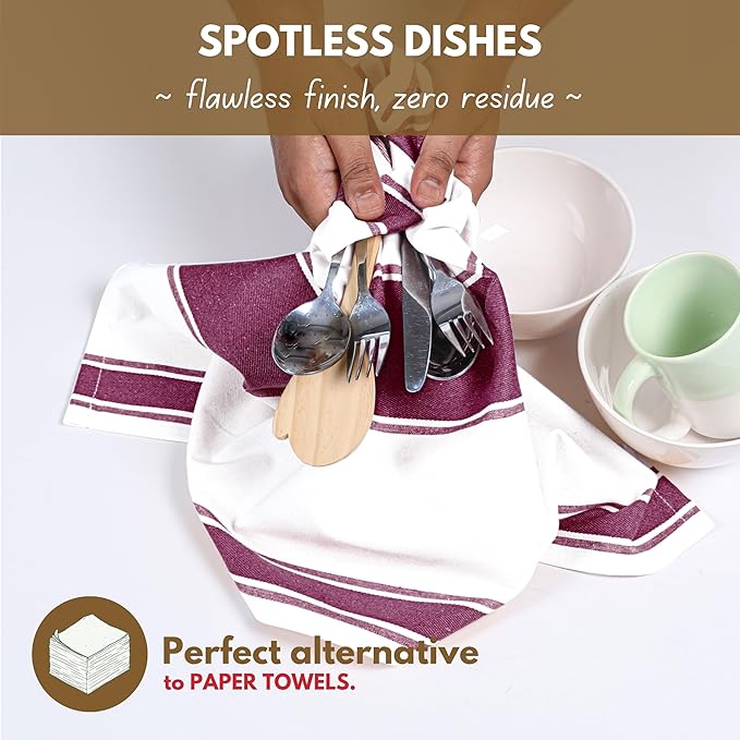 Native Fab Kitchen Towels 18 x 28 Inch, Set of 6, Wide Stripe, Super Absorbent, Quick Dry, Soft, 100% Cotton Dish Towels for Wiping Hands, Drying Dishes, Cleaning Dishcloths Set - Burgundy (Maroon)