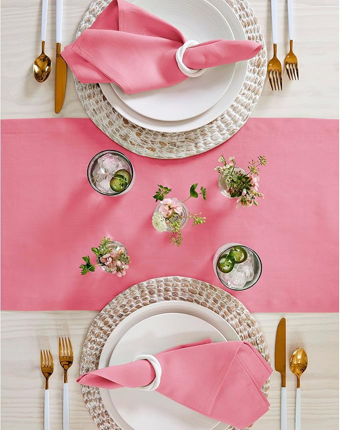 Solino Home Linen Pink Carnation Table Runner 60 Inches - 100% Pure Linen Short Table Runner 14 x 60 Inch Ideal for Dresser and Coffee Tables - Summer, Halloween - Fete
