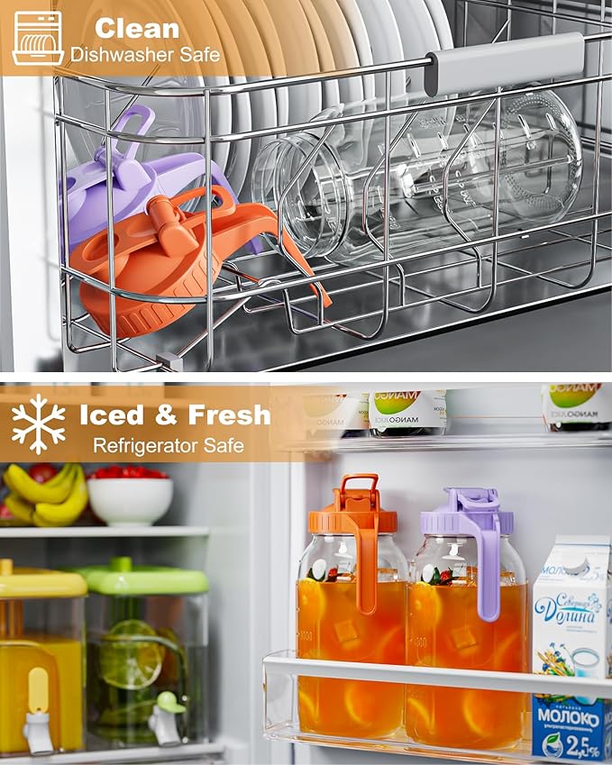 | 2 Pack | 64oz | Glass Mason Jar Pitcher with Lid and Spout, 2 Quart (1.9 Liter) Airtight Glass Water Jug Wide Mouth for Juice, Sun Tea, Iced Coffee, Milk Storage, Purple & Orange