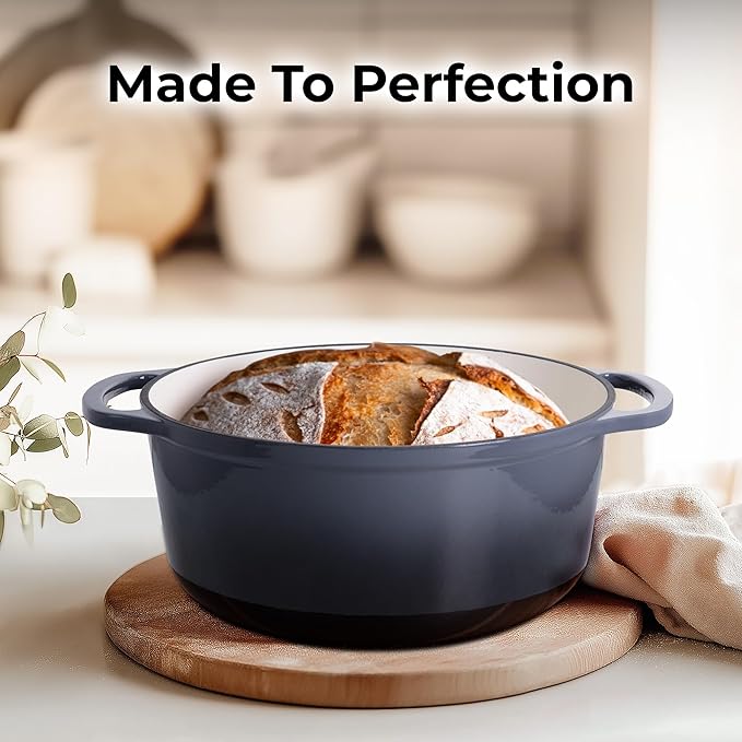 Zulay Kitchen 7.7 Quart Enameled Cast Iron Dutch Oven with Lid, Silicone Trivet & Heat Pad – Premium Durability & Oven Safe up to 500°F – Heavy Duty Cookware Perfect for Bread Baking, Stews, Braising & Roasting – Gray