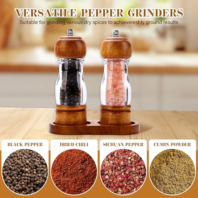 2 Pcs Vintage Wooden Pepper Mill Grinder Set with Base - 6.3 inches Acrylic Salt & Pepper Shakers with Adjustable Coarseness, Refillable Manual Ceramic Core Grinder for Kitchen, Home, Gift