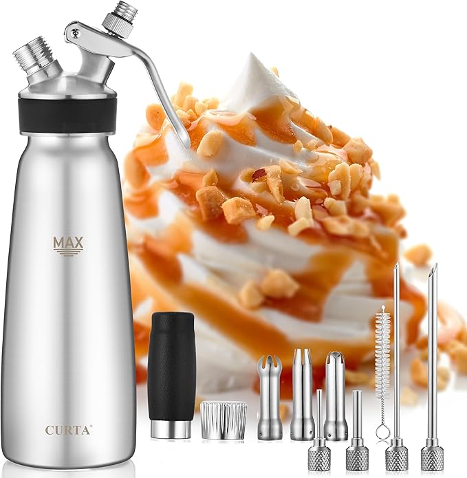 CURTA Professional Whipped Cream Dispenser, Food Grade Stainless Steel Cream Whipper Set with 4 Injector Tips, 3 Decorating Tips and 500ml / 1 Pint Canister, N2O Chargers Not Included …
