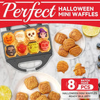 Character Waffle Maker for Halloween, 8 Different Spooky Designs, Electric Waffler Iron Featuring a Pumpkin Wolf Face Mummy Ghost Witch Vampire & More, Halloween Kitchen Decor, White