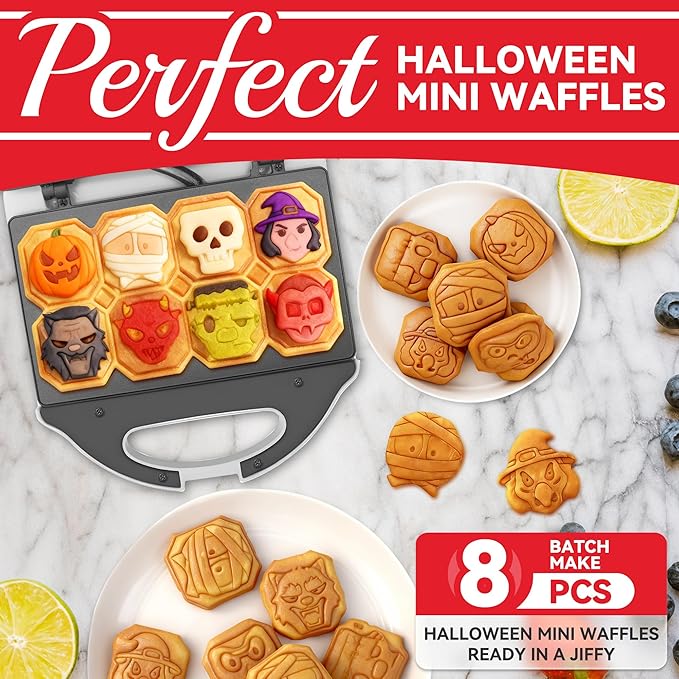 Character Waffle Maker for Halloween, 8 Different Spooky Designs, Electric Waffler Iron Featuring a Pumpkin Wolf Face Mummy Ghost Witch Vampire & More, Halloween Kitchen Decor, White