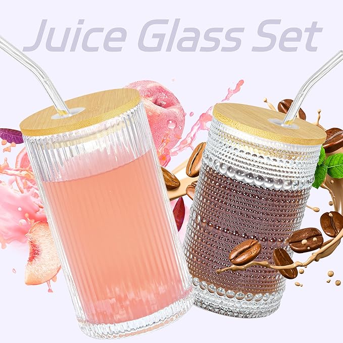 14 oz Drinking Glasses Set of 4 with Bamboo Lids Straws Striped Ribbed Glassware Set Vintage Glass Cups Embossed Iced Coffee Cup for Beer Cocktail Beverage(Ribbed)