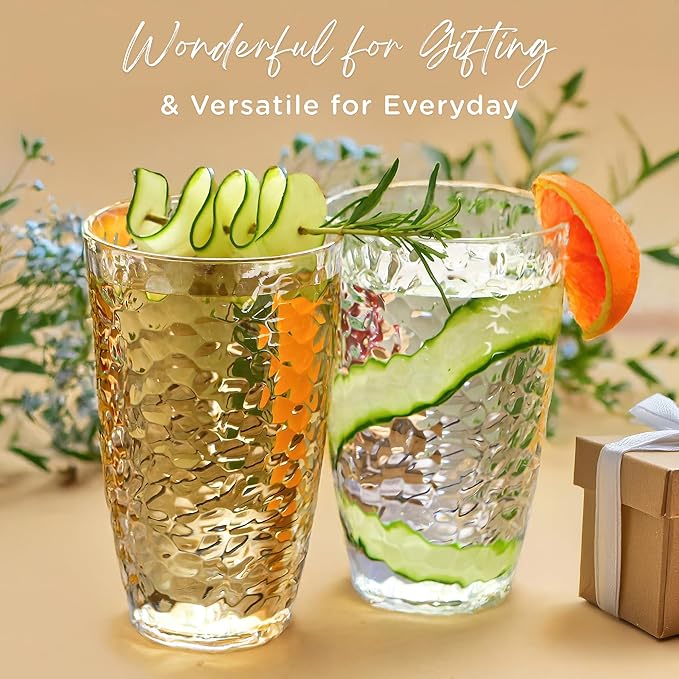 Kate Aspen Clear Hammered Acrylic Cups - Plastic Drinking Glasses Set of 8, 23 oz, Plastic Tumblers Dishwasher Safe, Shatterproof Cups Reusable for Water, Lemonade, Cocktails