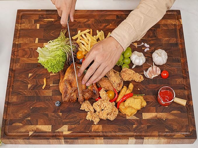 AZRHOM Thick End Grain Acacia Wood Cutting Board 24x18x2 In, Wooden Butcher Block, Chopping Board For Kitchen with Juice Groove Handles Non-Slip Pats (Gift Box)