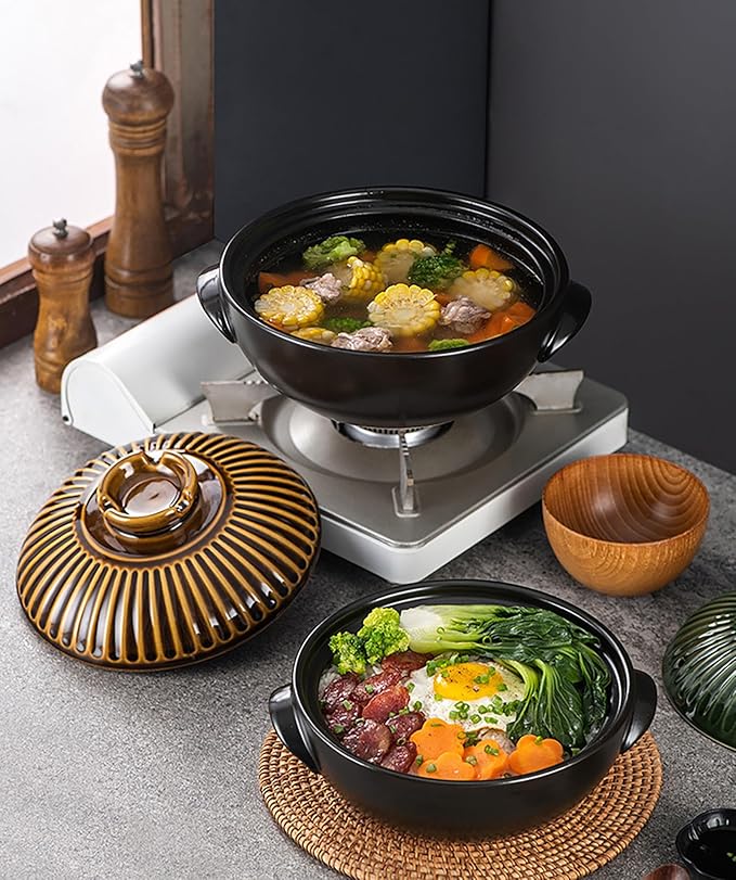 Japanese Donabe Ceramic Hot Pot Retro Heat Resistant Shallow Dutch Oven,Non-Stick Cookware Pot with Lid and Dual Handle for Cooking,Soup, Rice, Stew, Casserole, Noodle,Vintage Copper,7in