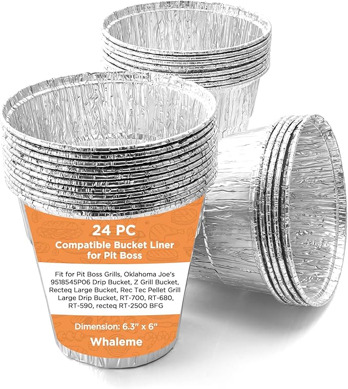 24 Pack Disposable Foil Liners & Grease Bucket Liners for Pit Boss Grills 67292 Foil, Oklahoma Joe's 9518545P06, Ironwood, Flatrock, Recteq Large Bucket etc. 6.3 x 6.0”, Disposable Drip Bucket Cup