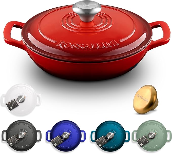 Signature Enameled Cast Iron Braiser, Non-Stick Serving Pot with Tight Fitting Lid for Perfect Roasting, Baking, Sauteing, Searing, and Pan Frying | 5Q (4.7L) - Red