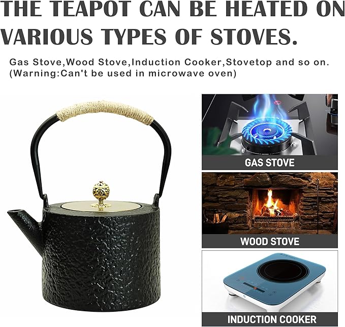 40.6oz Cast Iron Teapot for Stovetop, Japanese Black Tetsubin with Enamel, Tea Pot with Stainless Steel Infuser for Loose Tea, 1200ml Small Tea Kettle(Cylindrical Shape)